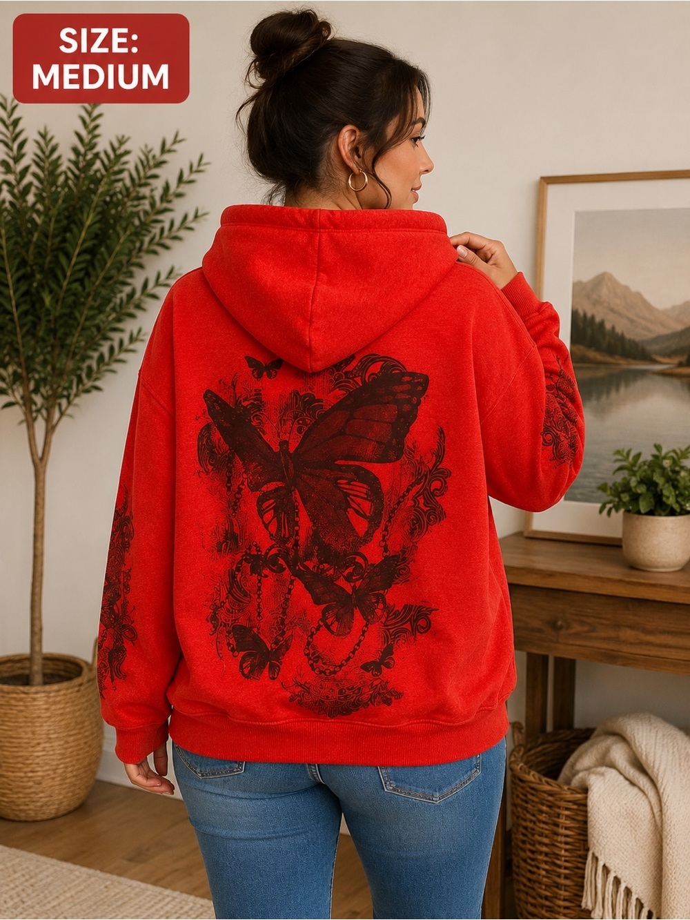 ROMWE Red Hooded Butterfly Graphic Pullover MEDIUM